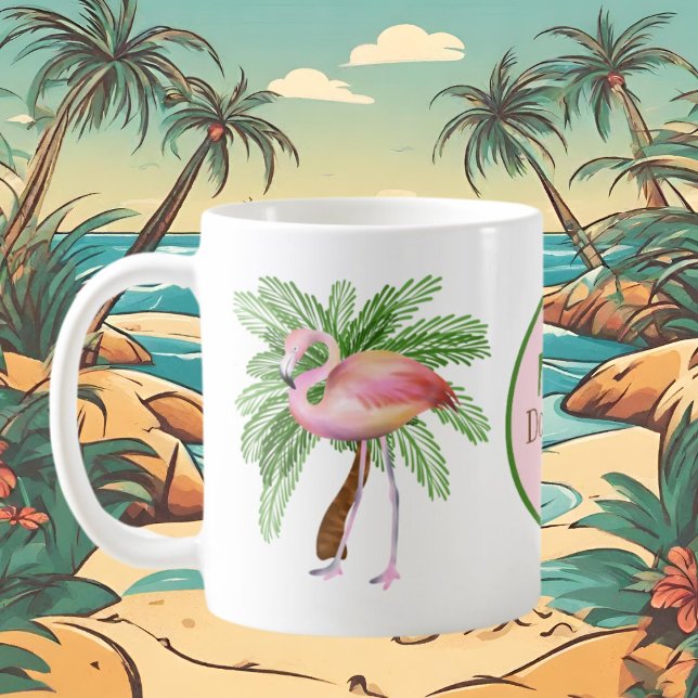 Caneca De Café nome de adição de flamingo rosa-rosa-praia (Criador carregado)