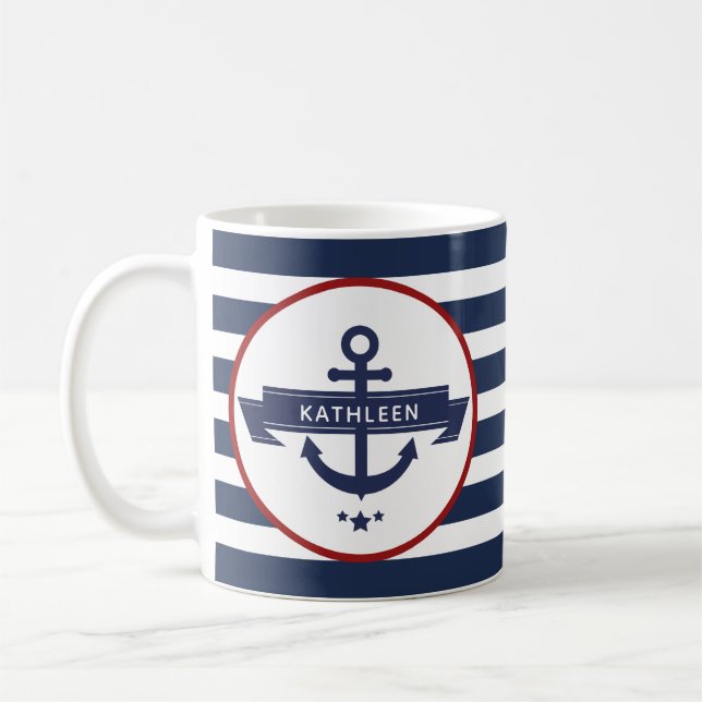 Caneca De Café Nome de Âncora Náutica Listras Azul-Marinho (Esquerda)