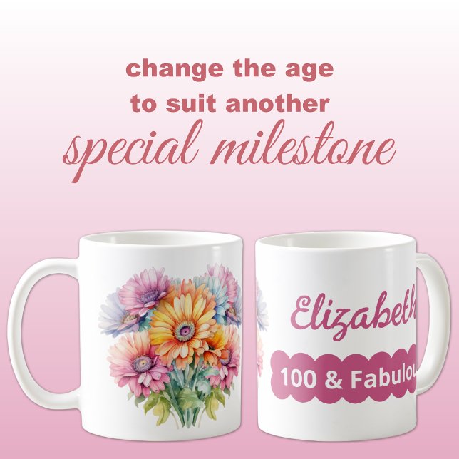 Caneca De Café nome de aniversário de 100 anos gerbera flores ros (Criador carregado)