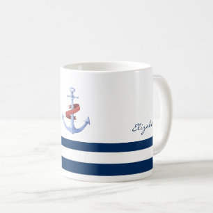 Caneca De Café Nome de Barco Náutico, Âncora Azul Listras Azuis M