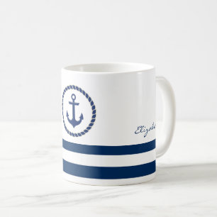 Caneca De Café Nome de Barco Náutico, Âncora Azul Marinho Listrad