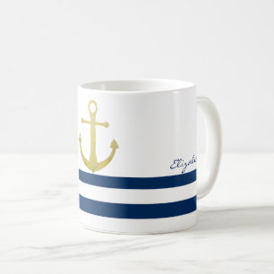 Caneca De Café Nome de Barco Náutico, Âncora Dourada Listras Azul