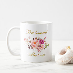 Caneca De Café Nome de Bridesmaid Dourado Floral Cor-de-Água Rosa