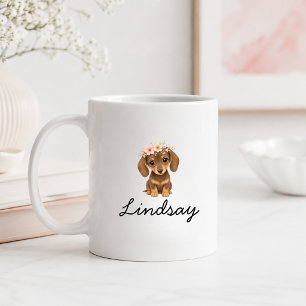 Caneca De Café Nome de cachorrinho Dachshund floral personalizado