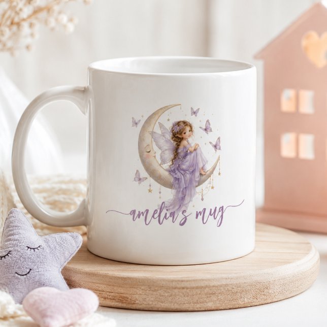 Caneca De Café Nome de Fada da Lua Personalizado | Borboleta Lava (Personalized Moon Fairy Name | Lavender Butterfly Coffee Mug)