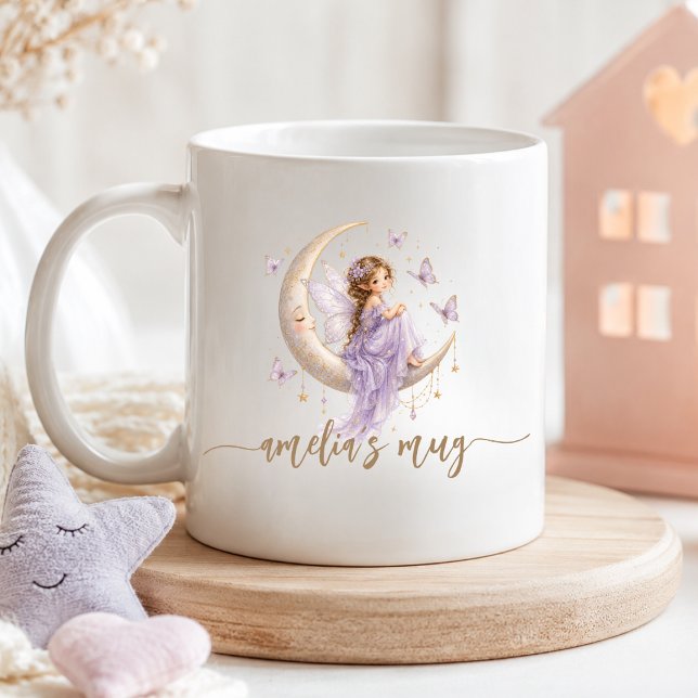 Caneca De Café Nome de Fada da Lua Personalizado | Borboleta Lava (Personalized Moon Fairy Name | Lavender Butterfly Coffee Mug)