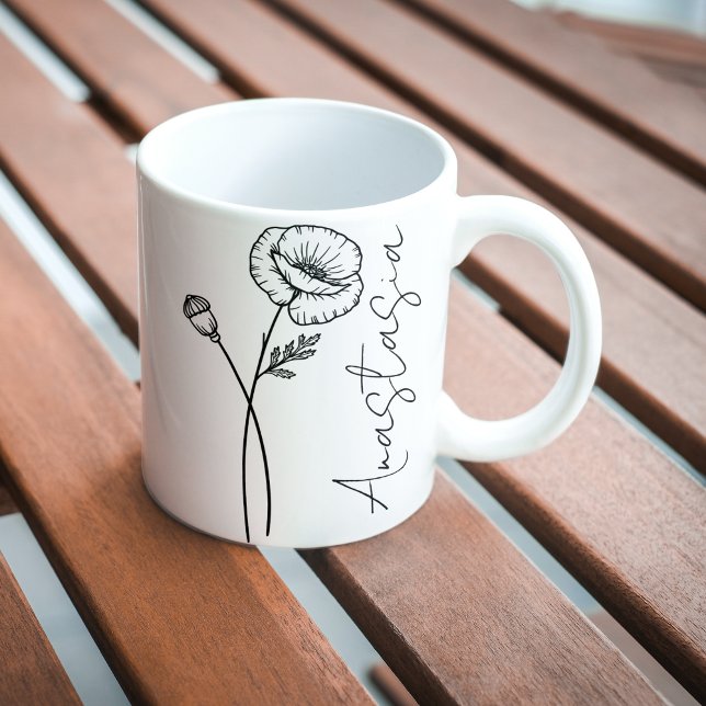 Caneca De Café Nome de Letra Elegante Flor de Nascimento Papoula  (Criador carregado)