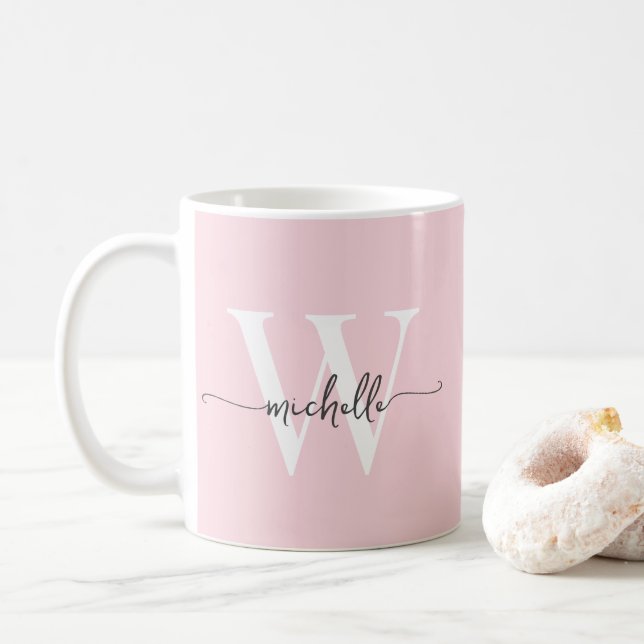 Caneca De Café Nome de Monograma de Blush com Estilo Roteiro de C (Com Donut)