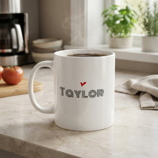 Caneca De Café Nome de Monograma Moderno Coração Vermelho