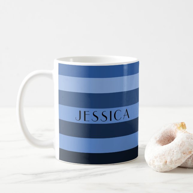 Caneca De Café Nome de Padrão de Listras Azuis Modernas (Com Donut)