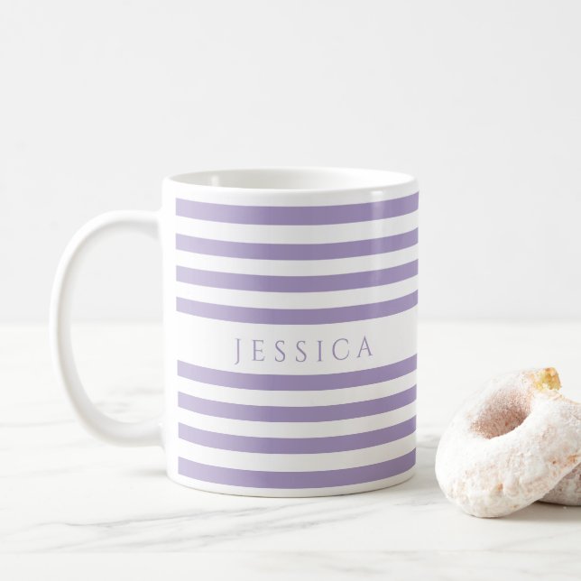 Caneca De Café Nome de Padrão de Listras Roxas Fofo (Com Donut)