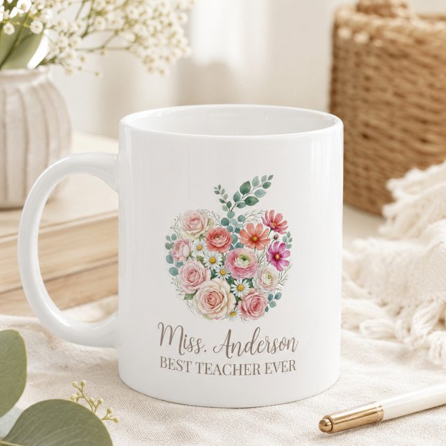 Caneca De Café Nome de Professor Personalizado Floral Apple (Criador carregado)
