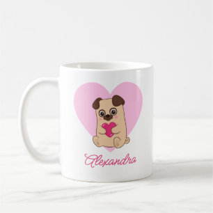 Caneca De Café Nome de Pug Cardíaco Rosa Kawaii Cute Personalizad