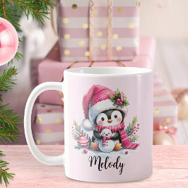 Caneca De Café Nome de Script do Pinguim Gelado Rosa Natal