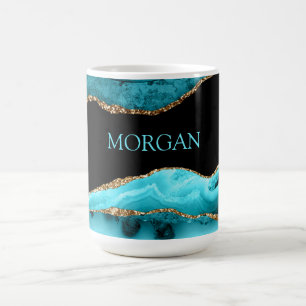 Caneca De Café Nome DIY, Ágata Preta, Dourada e Azul