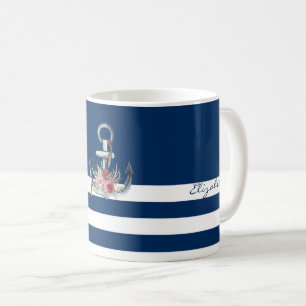 Caneca De Café Nome do Barco,Âncora Flores Azul Marinho Listrado