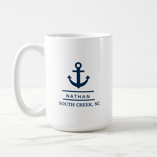 Caneca De Café Nome do Barco Personalizado Azul Marinho Náutico (Esquerda)