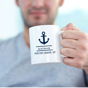 Caneca De Café Nome do Barco Personalizado Azul Marinho Náutico