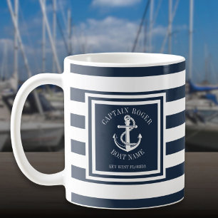 Caneca De Café Nome do Capitão e do Barco Marinha Azul Listra Ânc