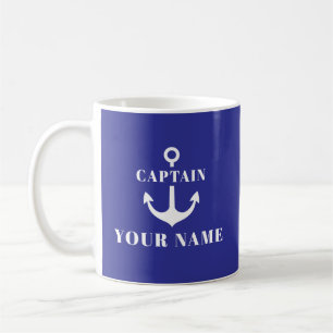 Caneca De Café Nome do Capitão Personalizado Âncora Azul