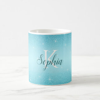 Caneca De Café Nome do Monograma da Glitter Azul Elegante
