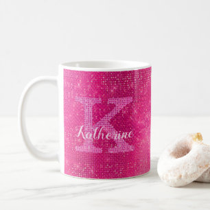 Caneca De Café Nome do Monograma do Glitter Brilhante Rosa-Quente