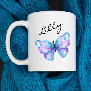 Caneca De Café Nome do Monograma do Script Girly Butterfly