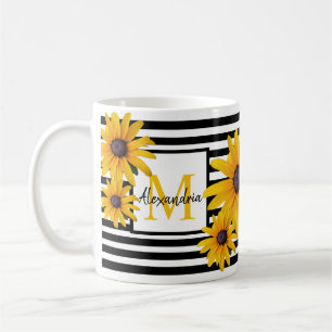 Caneca De Café Nome do Monograma Flor Amarelo Faixa Preta 