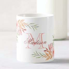 Caneca De Café Nome do Monograma Floral com Cor de Água Rosa Pers