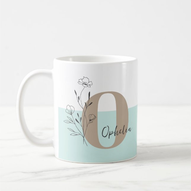 Caneca De Café Nome do Monograma Floral Teal Bold (Esquerda)