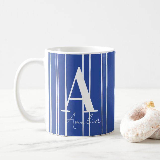 Caneca De Café Nome do Monograma Moderno Azul (Com Donut)