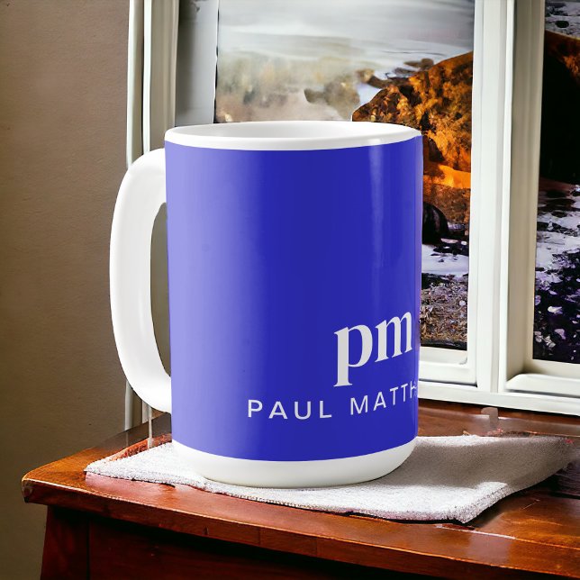 Caneca De Café Nome do Monograma Personalizado Mínimo do Cobalt B (Personalize with your initials and name.)