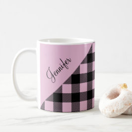 Caneca De Café Nome do padrão xadrez rosa moderno