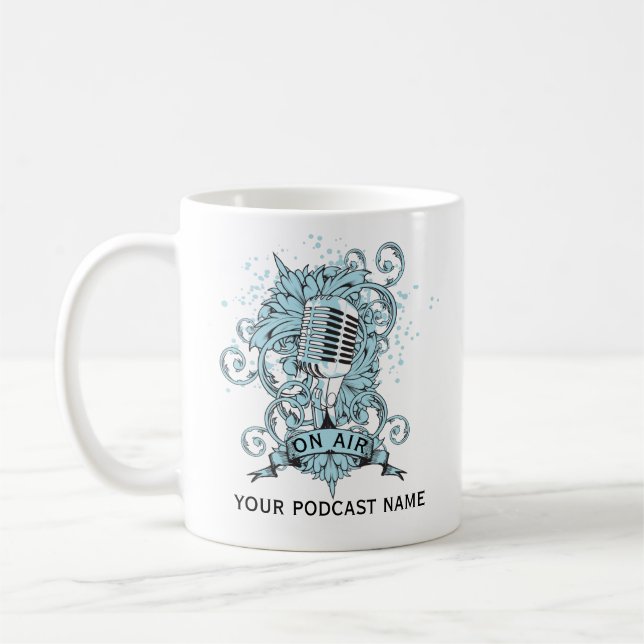 Caneca De Café Nome do Podcast Microfone Azul (Esquerda)