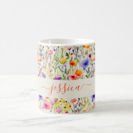 Caneca De Café nome do script do padrão de flores silvestres em a