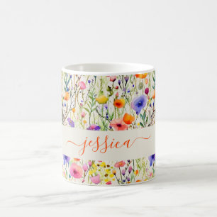 Caneca De Café nome do script do padrão de flores silvestres em a