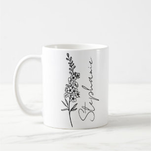 Caneca De Café Nome do Script Elegante Larkspur Julho Birth Flowe