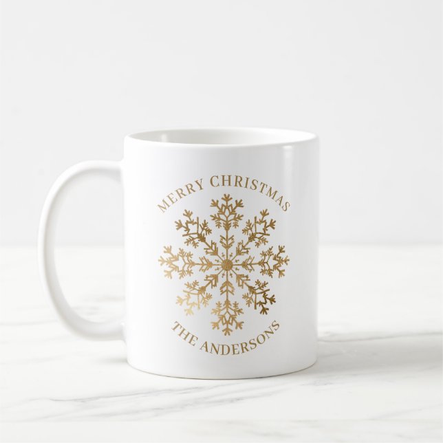 Caneca De Café Nome Dourado Elegante Floco de Neve Natal Natal (Esquerda)