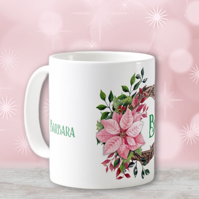 Caneca De Café Nome e Números Iniciais, Poinsettia Rosa 11oz (Criador carregado)