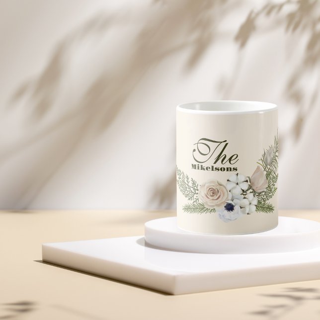 Caneca De Café Nome Elegante Watercolor Floral Christmas (Criador carregado)