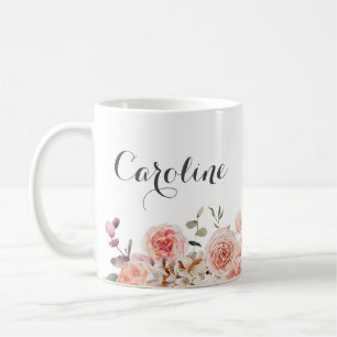 Caneca De Café Nome Floral Aquarela Rosa Empoeirada