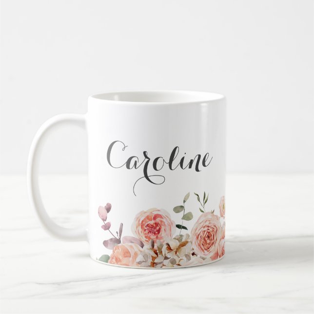 Caneca De Café Nome Floral Aquarela Rosa Empoeirada (Esquerda)