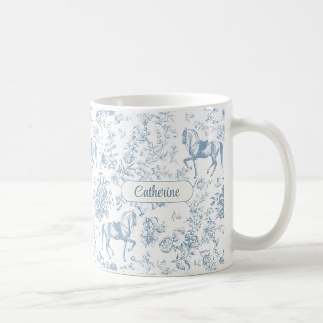 Caneca De Café Nome Floral Toile Equestre Azul Elegante (Direita)