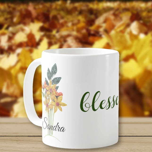 Caneca De Café Nome, Flores de outono Enchidas abençoadas 11oz (Criador carregado)