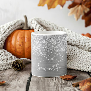 Caneca De Café Nome Glam Prateado Brilhante