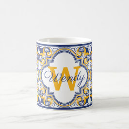 Caneca De Café 💙💛 Nome + inicial Azulejos 