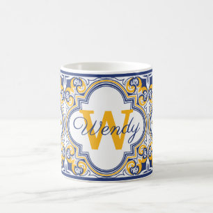 Caneca De Café 💙💛 Nome + inicial Azulejos