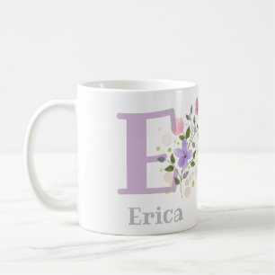 Caneca De Café Nome inicial de adição Erica com Flores