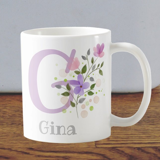 Caneca De Café Nome inicial de adição Gina com Flores (Criador carregado)