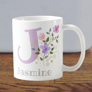 Caneca De Café Nome inicial de adição Jasmine com flores